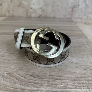 Gucci GG Canvas White Leather Trim Belt